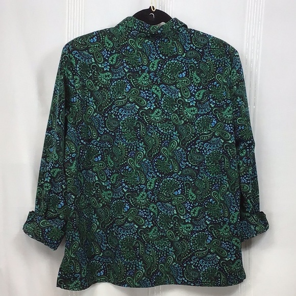 🦚VTG BonWorth Petite Black Teal Paisley Long Sleeve Blouse - Picture 2 of 8